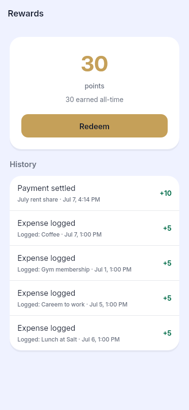 Zentle rewards screen showing points balance and history
